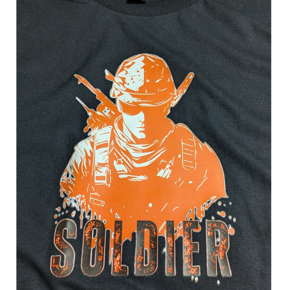 Soldier - Orange/White Graphic - Black Tee Shirt - Size L - All Genders - NWOT - Picture 4 of 7